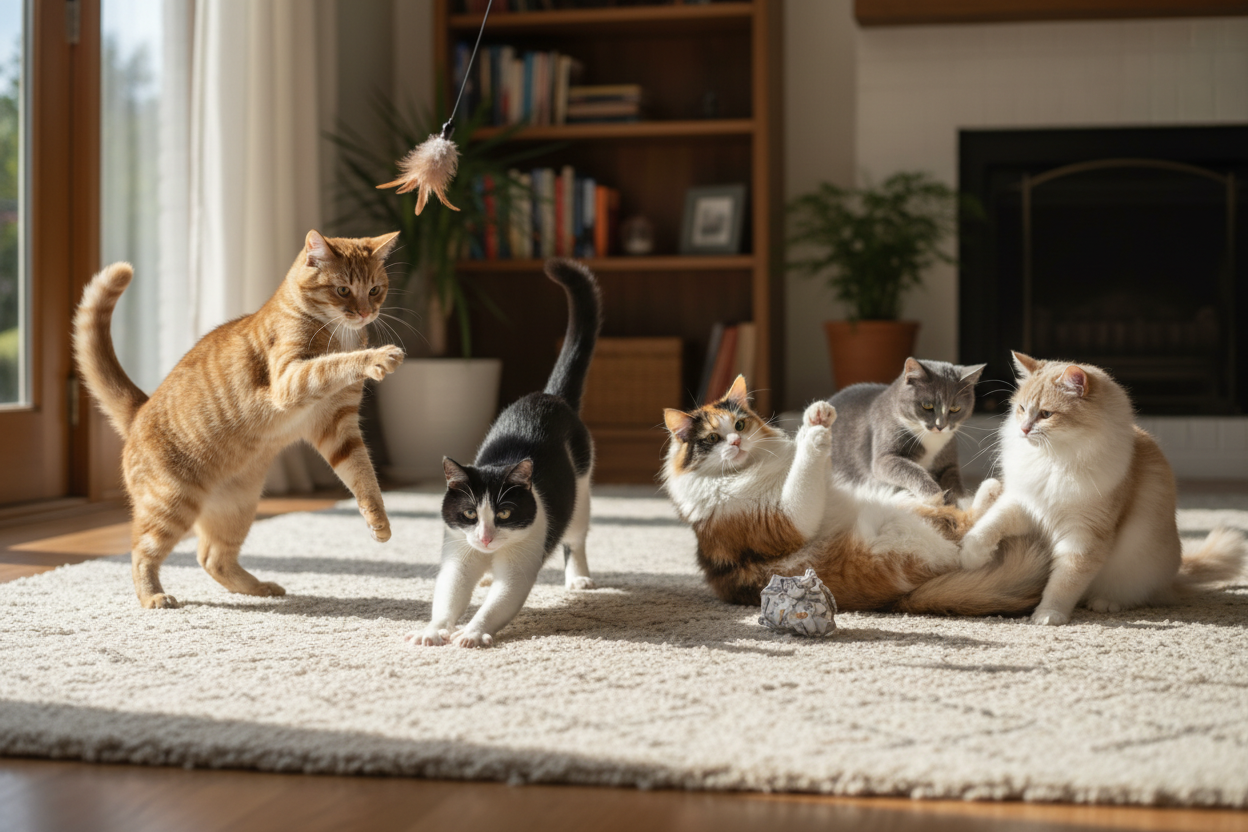 real looking cats playing on a carpet